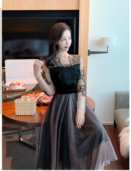 Look Great Temperament Fairy Women Round Neck Printed See through Long Sleeves Irregular Hem Lace Mesh Banquet Party Dress