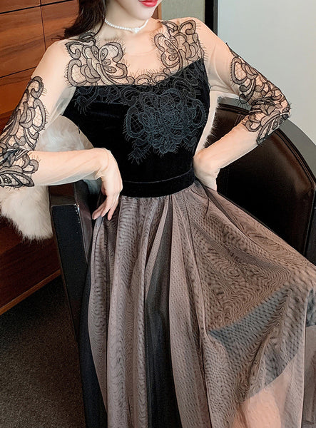 Look Great Temperament Fairy Women Round Neck Printed See through Long Sleeves Irregular Hem Lace Mesh Banquet Party Dress