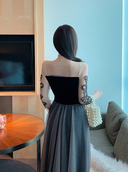 Look Great Temperament Fairy Women Round Neck Printed See through Long Sleeves Irregular Hem Lace Mesh Banquet Party Dress