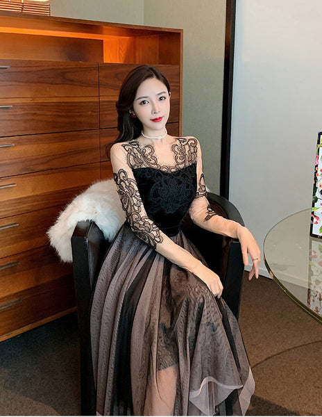 Look Great Temperament Fairy Women Round Neck Printed See through Long Sleeves Irregular Hem Lace Mesh Banquet Party Dress