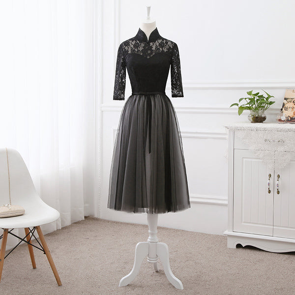 Sparkly Summer Elegant Women Retro Stand Collar Lace Half Length Sleeve Black Long Banquet Evening Dress
