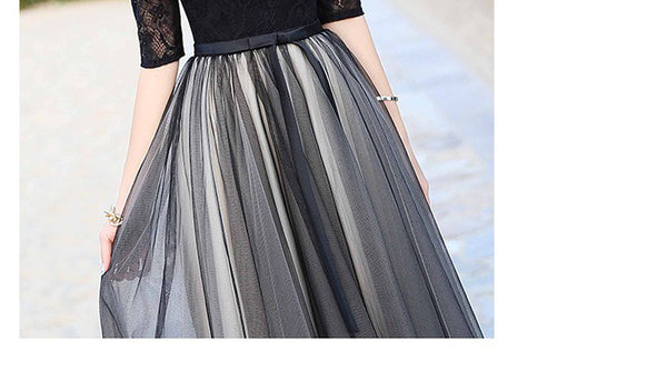 Sparkly Summer Elegant Women Retro Stand Collar Lace Half Length Sleeve Black Long Banquet Evening Dress