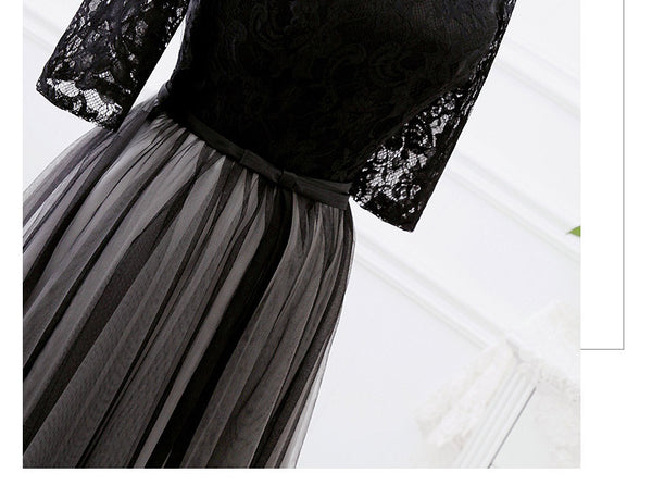 Sparkly Summer Elegant Women Retro Stand Collar Lace Half Length Sleeve Black Long Banquet Evening Dress