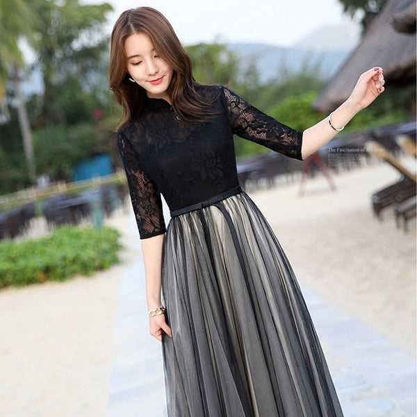 Sparkly Summer Elegant Women Retro Stand Collar Lace Half Length Sleeve Black Long Banquet Evening Dress