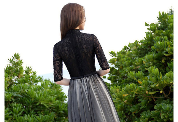 Sparkly Summer Elegant Women Retro Stand Collar Lace Half Length Sleeve Black Long Banquet Evening Dress