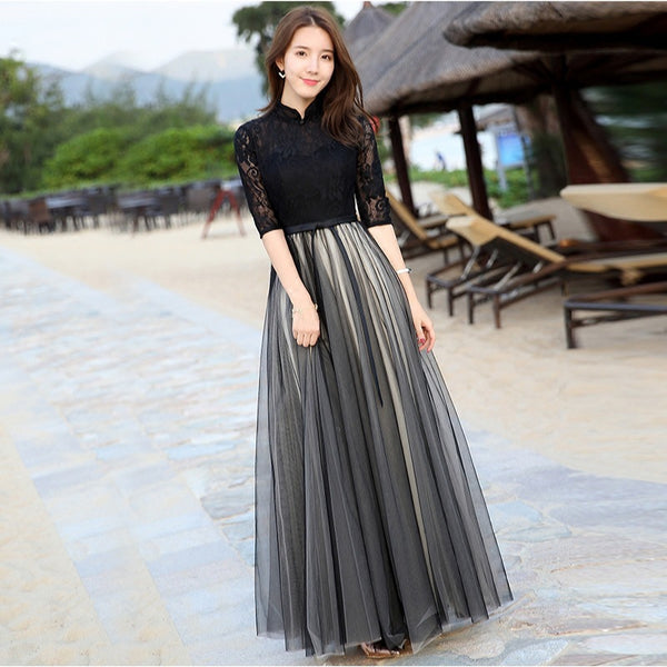 Sparkly Summer Elegant Women Retro Stand Collar Lace Half Length Sleeve Black Long Banquet Evening Dress