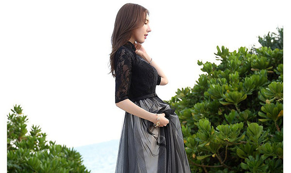 Sparkly Summer Elegant Women Retro Stand Collar Lace Half Length Sleeve Black Long Banquet Evening Dress
