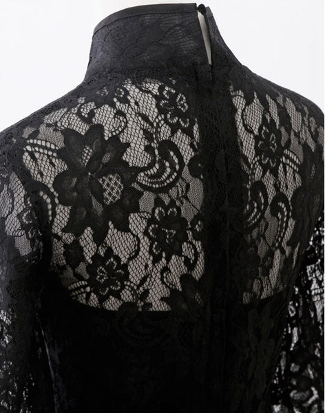 Sparkly Summer Elegant Women Retro Stand Collar Lace Half Length Sleeve Black Long Banquet Evening Dress