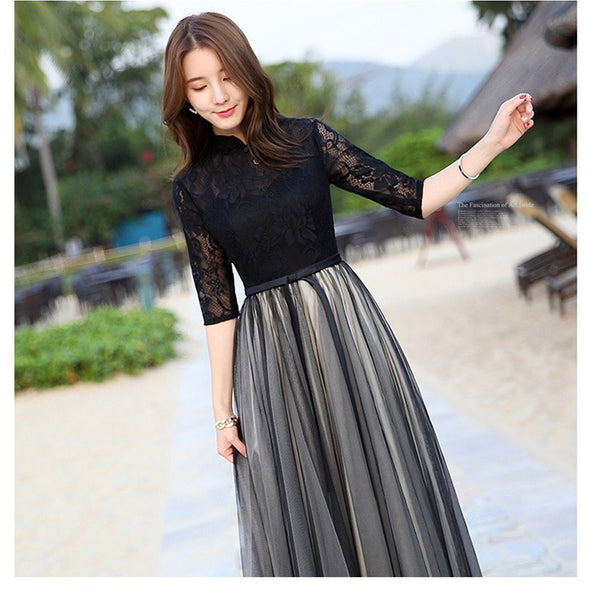 Sparkly Summer Elegant Women Retro Stand Collar Lace Half Length Sleeve Black Long Banquet Evening Dress