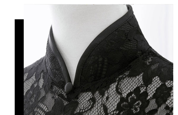 Sparkly Summer Elegant Women Retro Stand Collar Lace Half Length Sleeve Black Long Banquet Evening Dress