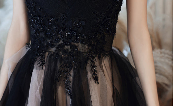 Temperament Princess Spaghetti Straps Beading Sequins Lace Sleeveless Backless Long Black Ruffle Prom Dresses Dress