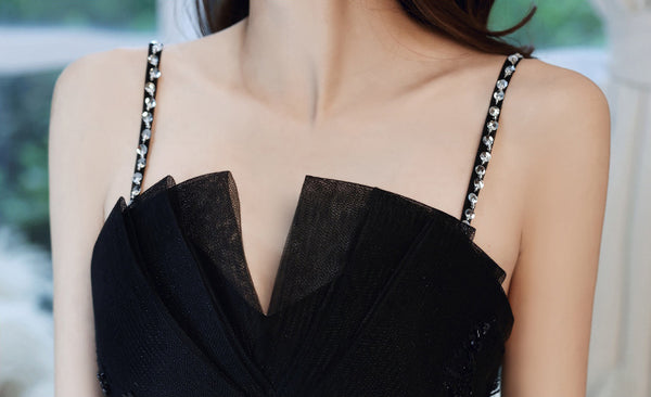 Temperament Princess Spaghetti Straps Beading Sequins Lace Sleeveless Backless Long Black Ruffle Prom Dresses Dress