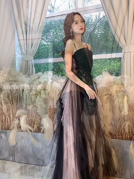 Temperament Princess Spaghetti Straps Beading Sequins Lace Sleeveless Backless Long Black Ruffle Prom Dresses Dress