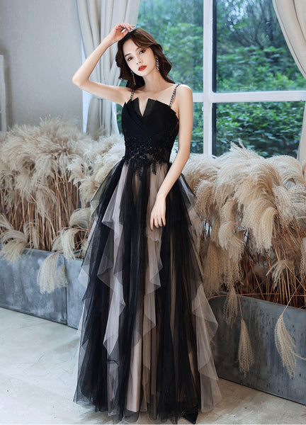 Temperament Princess Spaghetti Straps Beading Sequins Lace Sleeveless Backless Long Black Ruffle Prom Dresses Dress