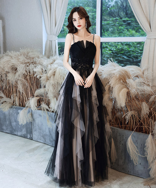 Temperament Princess Spaghetti Straps Beading Sequins Lace Sleeveless Backless Long Black Ruffle Prom Dresses Dress