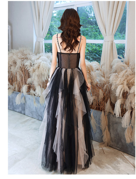 Temperament Princess Spaghetti Straps Beading Sequins Lace Sleeveless Backless Long Black Ruffle Prom Dresses Dress
