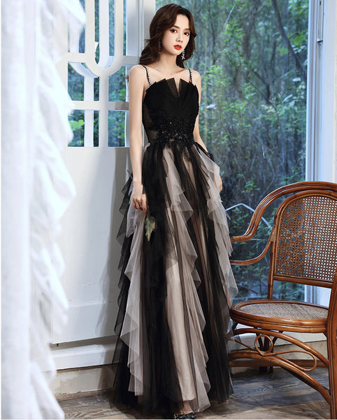 Temperament Princess Spaghetti Straps Beading Sequins Lace Sleeveless Backless Long Black Ruffle Prom Dresses Dress
