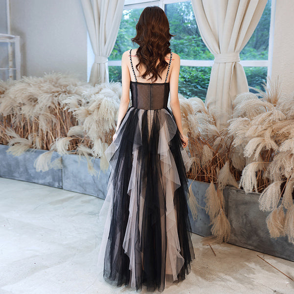 Temperament Princess Spaghetti Straps Beading Sequins Lace Sleeveless Backless Long Black Ruffle Prom Dresses Dress