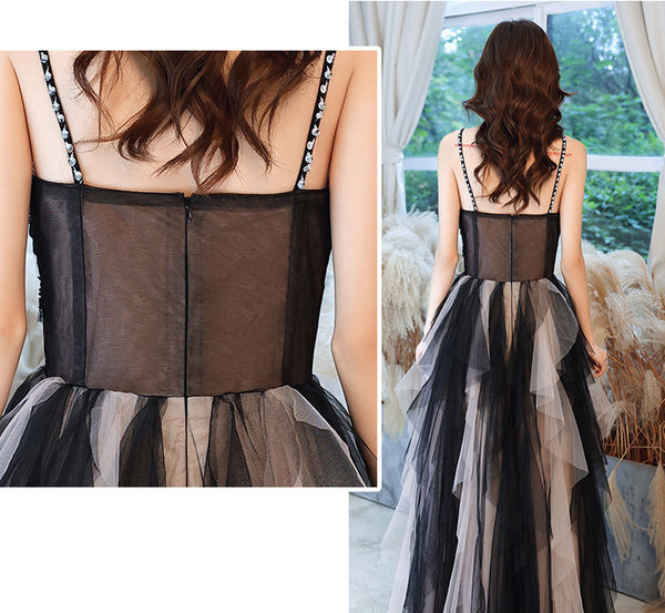 Temperament Princess Spaghetti Straps Beading Sequins Lace Sleeveless Backless Long Black Ruffle Prom Dresses Dress