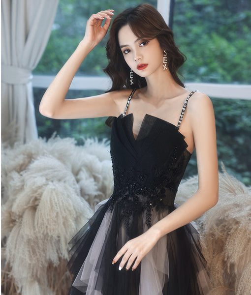Temperament Princess Spaghetti Straps Beading Sequins Lace Sleeveless Backless Long Black Ruffle Prom Dresses Dress
