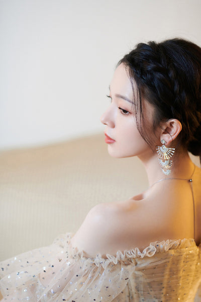 Evening Champagne Sweet Shining Dot Layers Off Shoulder Puff Sleeves Mesh Sequin Cake Long Dinner Dress