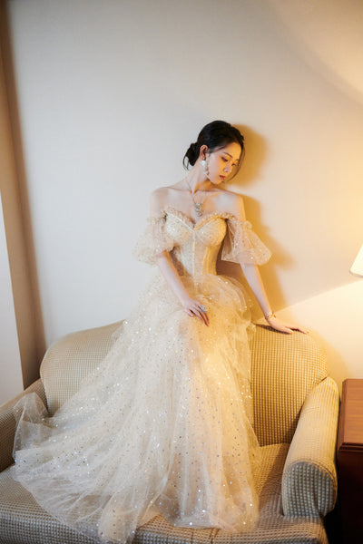 Evening Champagne Sweet Shining Dot Layers Off Shoulder Puff Sleeves Mesh Sequin Cake Long Dinner Dress