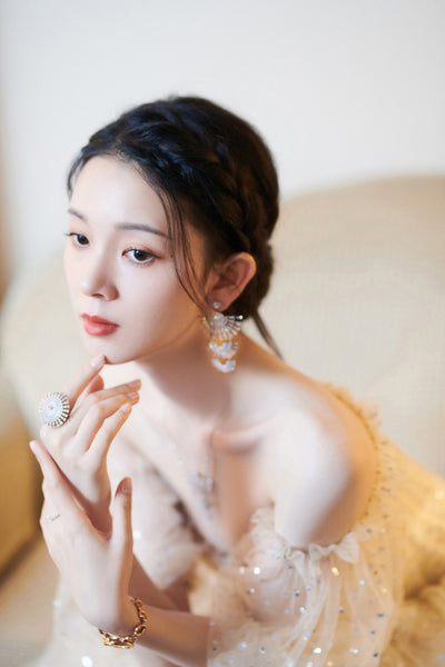 Evening Champagne Sweet Shining Dot Layers Off Shoulder Puff Sleeves Mesh Sequin Cake Long Dinner Dress