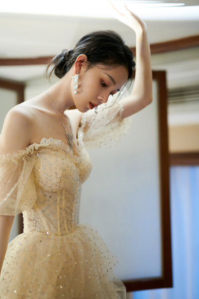 Evening Champagne Sweet Shining Dot Layers Off Shoulder Puff Sleeves Mesh Sequin Cake Long Dinner Dress