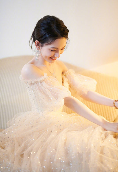Evening Champagne Sweet Shining Dot Layers Off Shoulder Puff Sleeves Mesh Sequin Cake Long Dinner Dress