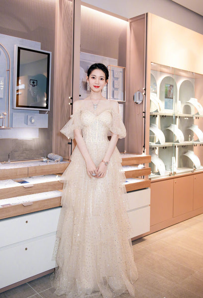 Evening Champagne Sweet Shining Dot Layers Off Shoulder Puff Sleeves Mesh Sequin Cake Long Dinner Dress