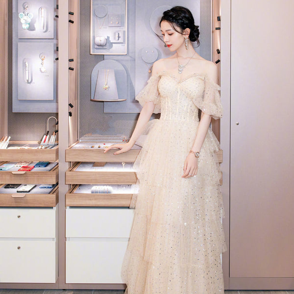Evening Champagne Sweet Shining Dot Layers Off Shoulder Puff Sleeves Mesh Sequin Cake Long Dinner Dress