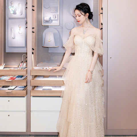 Evening Champagne Sweet Shining Dot Layers Off Shoulder Puff Sleeves Mesh Sequin Cake Long Dinner Dress