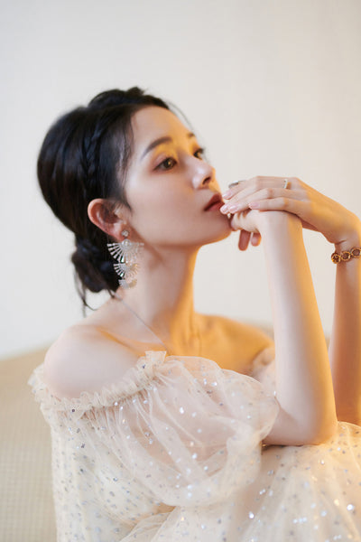 Evening Champagne Sweet Shining Dot Layers Off Shoulder Puff Sleeves Mesh Sequin Cake Long Dinner Dress