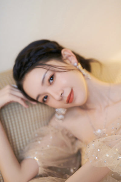 Evening Champagne Sweet Shining Dot Layers Off Shoulder Puff Sleeves Mesh Sequin Cake Long Dinner Dress