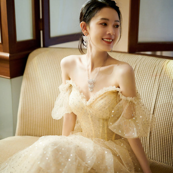 Evening Champagne Sweet Shining Dot Layers Off Shoulder Puff Sleeves Mesh Sequin Cake Long Dinner Dress