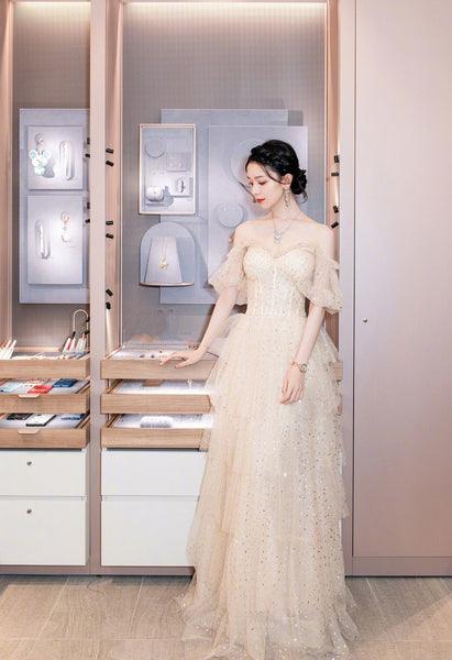 Evening Champagne Sweet Shining Dot Layers Off Shoulder Puff Sleeves Mesh Sequin Cake Long Dinner Dress