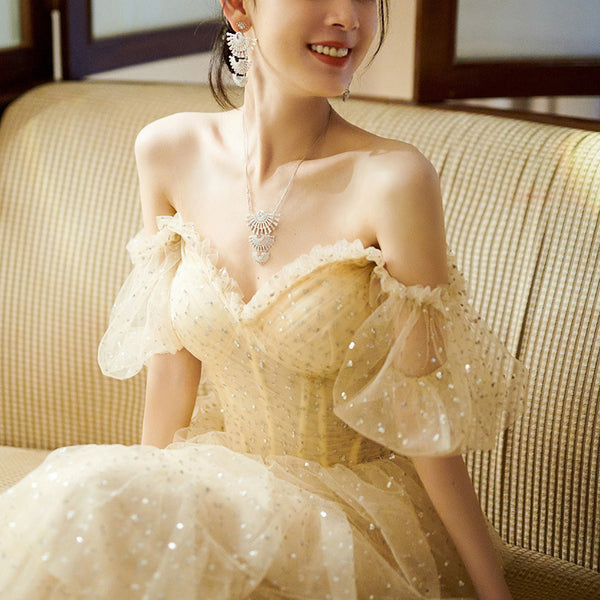 Evening Champagne Sweet Shining Dot Layers Off Shoulder Puff Sleeves Mesh Sequin Cake Long Dinner Dress