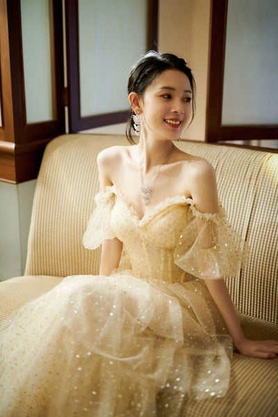 Evening Champagne Sweet Shining Dot Layers Off Shoulder Puff Sleeves Mesh Sequin Cake Long Dinner Dress