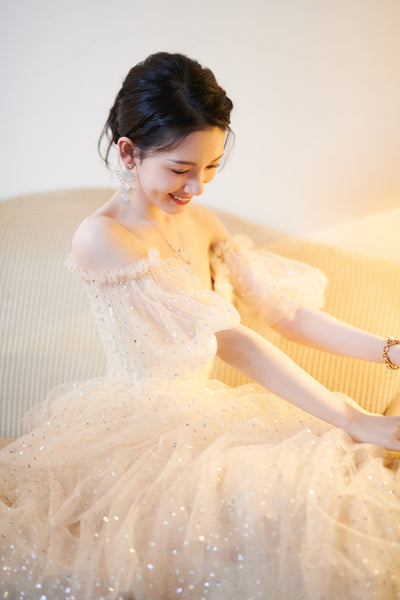 Evening Champagne Sweet Shining Dot Layers Off Shoulder Puff Sleeves Mesh Sequin Cake Long Dinner Dress