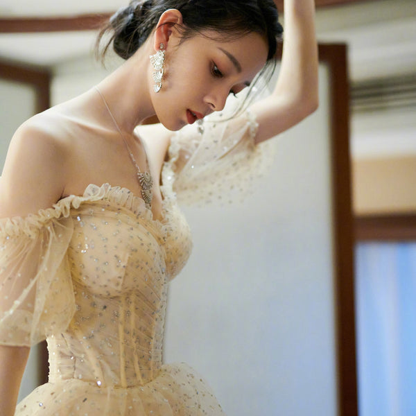 Evening Champagne Sweet Shining Dot Layers Off Shoulder Puff Sleeves Mesh Sequin Cake Long Dinner Dress