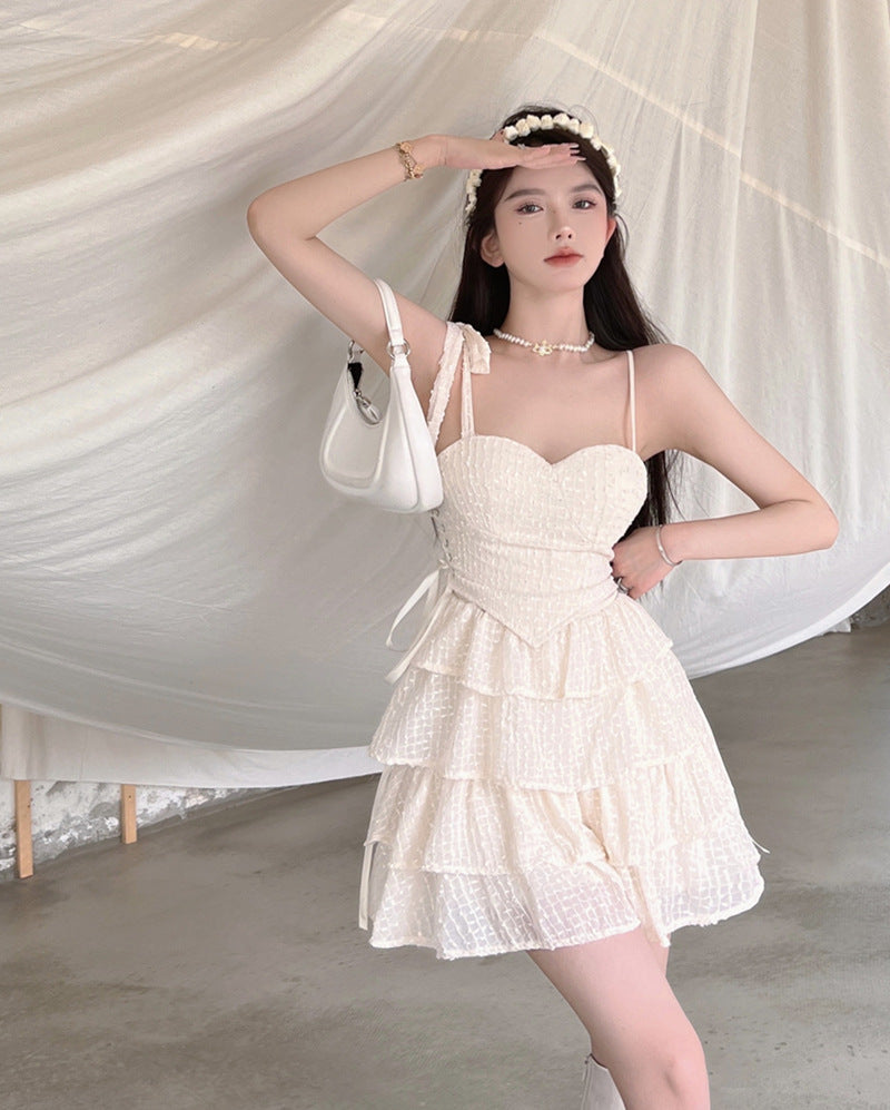 Summer Sweet Sexy Women Stylish Spaghetti Straps Sweetheart Neck High Waist Cake Party Club Dress