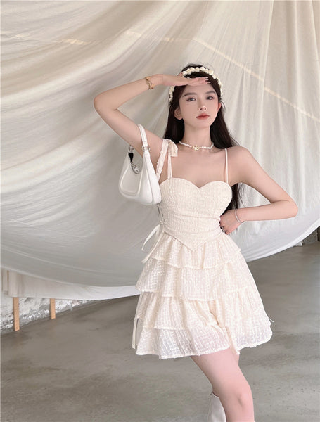 Summer Sweet Sexy Women Stylish Spaghetti Straps Sweetheart Neck High Waist Cake Party Club Dress