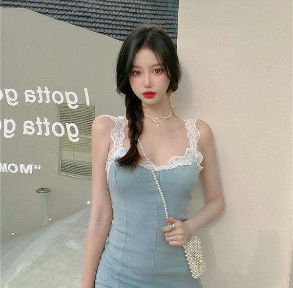 Retro Summer Sexy Women Lace Strap Ruffle Solid Side Split Slit Bodycon Style Hips Dress Clubwear