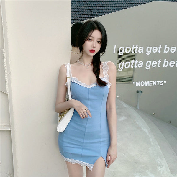 Retro Summer Sexy Women Lace Strap Ruffle Solid Side Split Slit Bodycon Style Hips Dress Clubwear