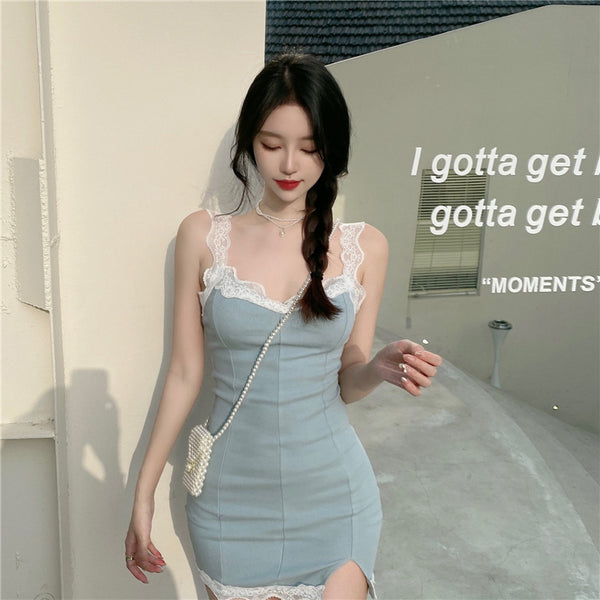 Retro Summer Sexy Women Lace Strap Ruffle Solid Side Split Slit Bodycon Style Hips Dress Clubwear