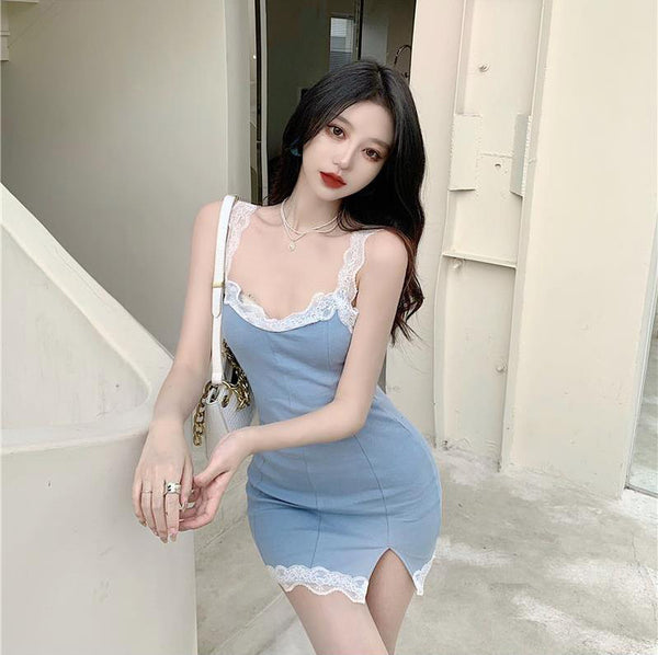 Retro Summer Sexy Women Lace Strap Ruffle Solid Side Split Slit Bodycon Style Hips Dress Clubwear