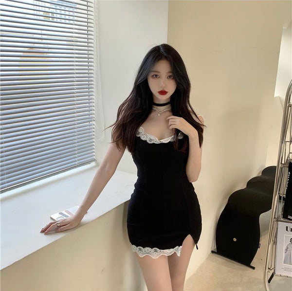 Retro Summer Sexy Women Lace Strap Ruffle Solid Side Split Slit Bodycon Style Hips Dress Clubwear
