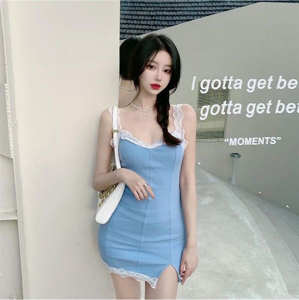 Retro Summer Sexy Women Lace Strap Ruffle Solid Side Split Slit Bodycon Style Hips Dress Clubwear