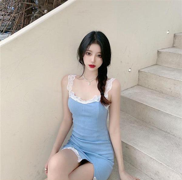 Retro Summer Sexy Women Lace Strap Ruffle Solid Side Split Slit Bodycon Style Hips Dress Clubwear