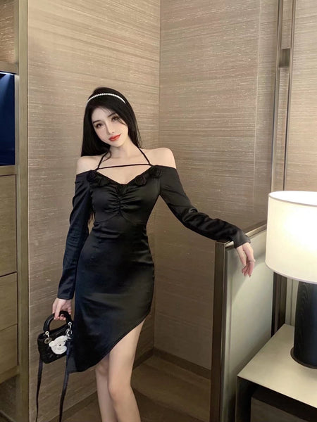 High End Special Women Halter Straps Off Shoulder High Waist Side Slit Irregular Meeting Party Dinner Dress